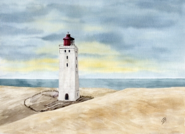 Poster DIN-A4  Aquarell Maritim Kunst Druck Kunstdruck Nordsee Dänemark Danmark Leuchtturm Rubjerg Knude Düne Blokhus Lokken Sonnenuntergang